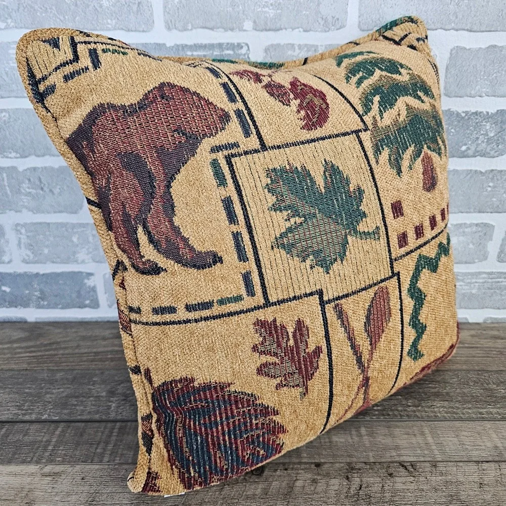 Newport Bear Pinecone Tapestry Throw Pillow Cabin Lodge Lake House Decor 16x16